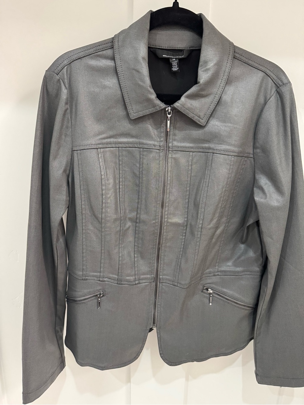 White House Black Market Metallic Gray Zip-Front Coated Denim Jacket